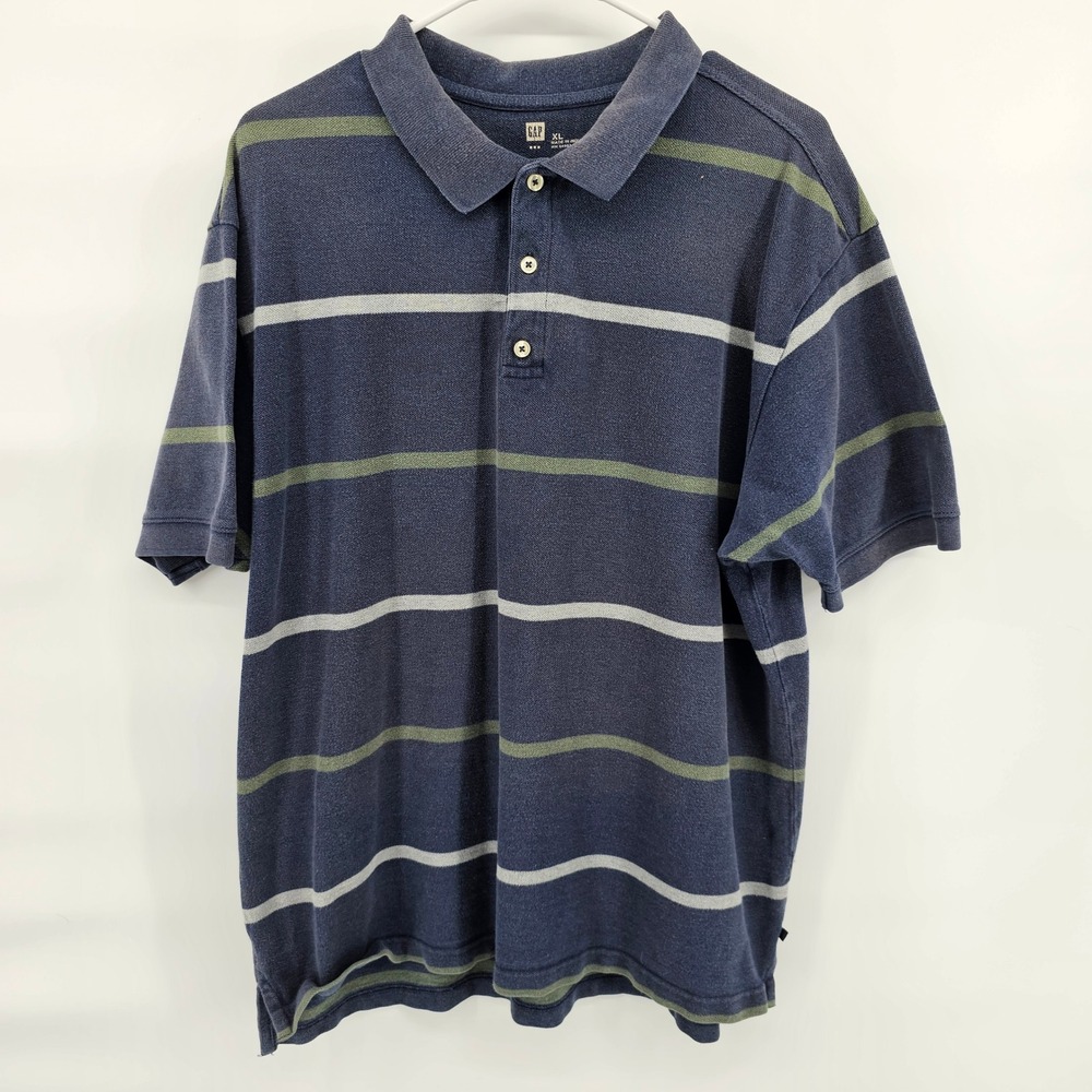 Gap Polo Shirt Mens XL Blue Green Striped Short Sleeve Cotton Pique Vintage 2004